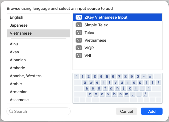 Hộp thoại thêm nguồn nhập, ngôn ngữ Vietnamese, đang chọn ZKey Vietnamese Input