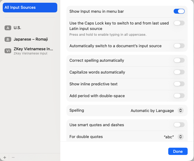 Danh sách All Input Sources gồm U.S., Japanese – Romaji và ZKey Vietnamese Input