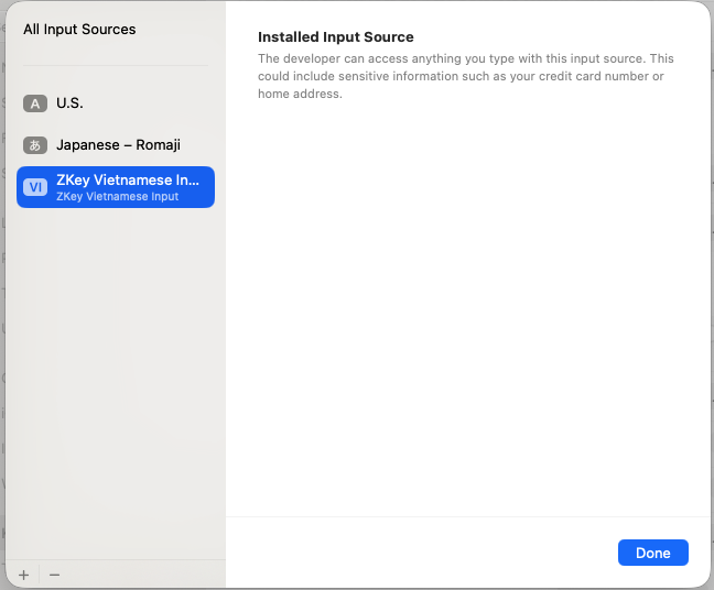 Thông báo Installed Input Source của macOS cho ZKey Vietnamese Input