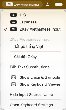 Menu nguồn nhập của macOS với ZKey Vietnamese Input được chọn, có mục Tắt gõ tiếng Việt và Cài đặt ZKey